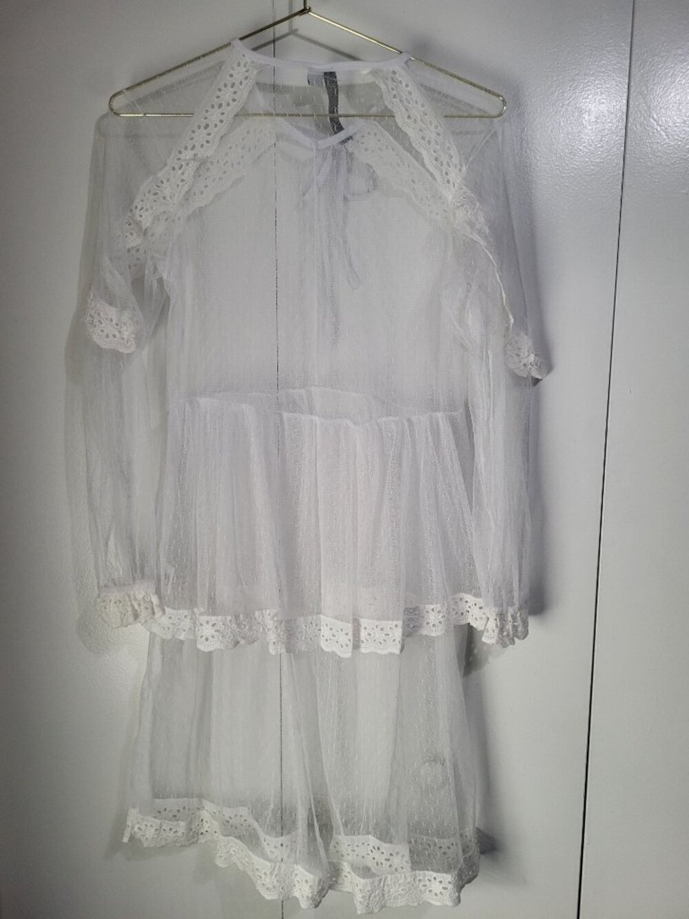 Women's M Sheer Lace Ruffle Tiered Dress Boho Hippie Ethereal Angelcore Festival - Picture 3 of 9
